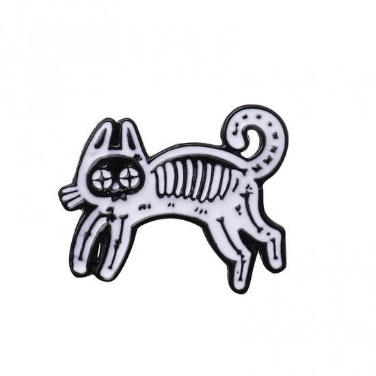 Picture of Halloween Pin Brooches Cat Animal Black & White Enamel 1 Piece