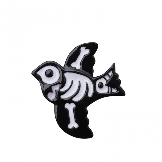 Picture of Halloween Pin Brooches Bird Animal Black & White Enamel 1 Piece