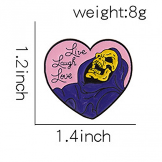 Picture of Halloween Pin Brooches Heart Skull Purple Enamel 1 Piece