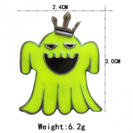 Picture of Halloween Pin Brooches Halloween Ghost Neon Green Glow In The Dark 30mm x 24mm, 1 Piece