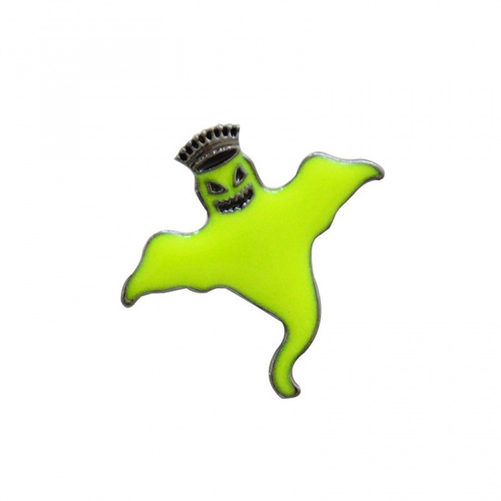 Picture of Halloween Pin Brooches Halloween Ghost Neon Green Glow In The Dark 30mm x 30mm, 1 Piece