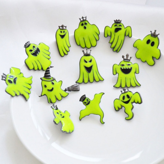 Picture of Halloween Pin Brooches Halloween Ghost Neon Green Glow In The Dark 30mm x 30mm, 1 Piece