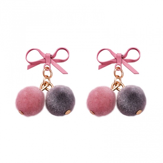 Picture of Earrings Pink Pom Pom Ball Bowknot 29mm, 1 Pair
