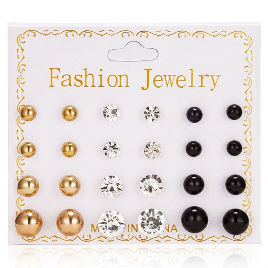 Picture of Ear Post Stud Earrings Set Gold Plated Black Round Clear Cubic Zirconia Imitation Pearl 8mm Dia. - 5mm Dia., 1 Set ( 12 Pairs/Set)