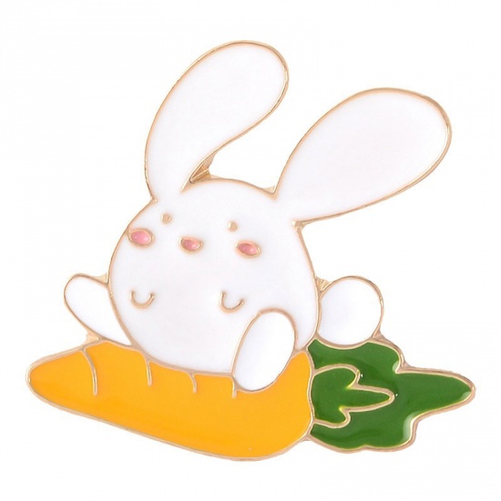 Picture of Pin Brooches Carrot Rabbit White & Yellow Enamel 35mm x 33mm, 1 Piece
