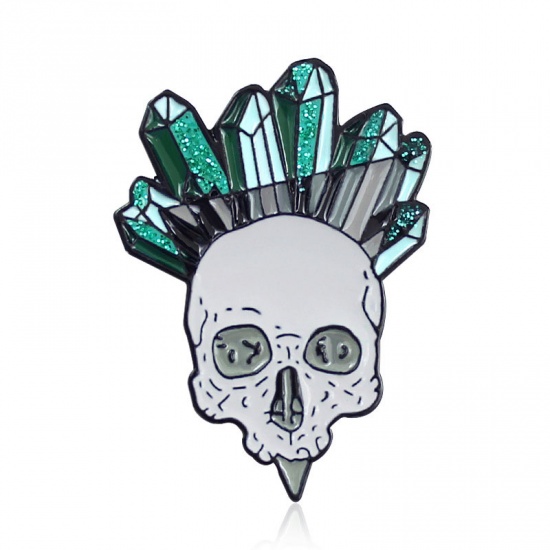 Picture of Halloween Pin Brooches Skull Green Enamel 35mm x 25mm, 1 Piece