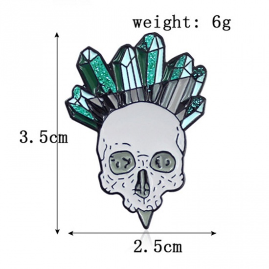 Picture of Halloween Pin Brooches Skull Green Enamel 35mm x 25mm, 1 Piece