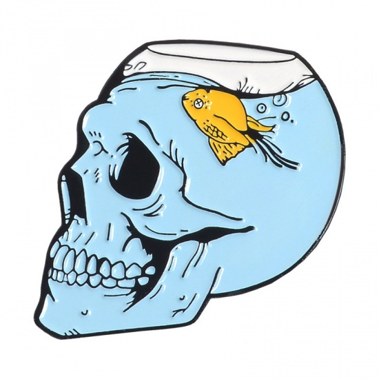 Picture of Halloween Pin Brooches Skull Fish Yellow & Blue Enamel 1 Piece