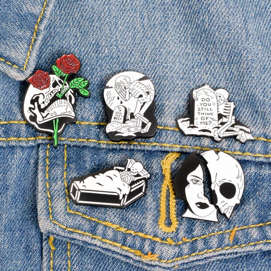 Picture of Pin Brooches Skeleton Skull Halloween Tombstone Black & White Enamel 1 Piece