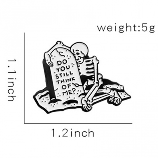 Picture of Pin Brooches Skeleton Skull Halloween Tombstone Black & White Enamel 1 Piece