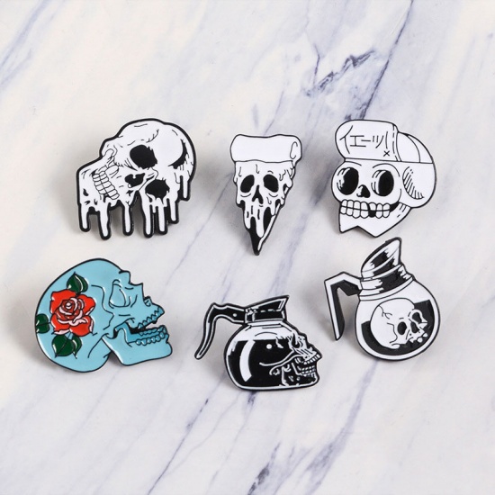 Picture of Halloween Pin Brooches Skull Black & White Enamel 1 Piece