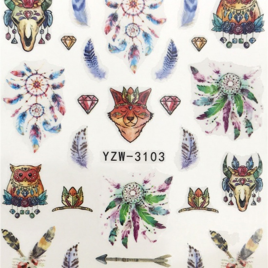 Picture of PVC Nail Art Stickers Decoration Owl Animal Dreamcatcher Multicolor 6cm x 5cm, 1 Sheet