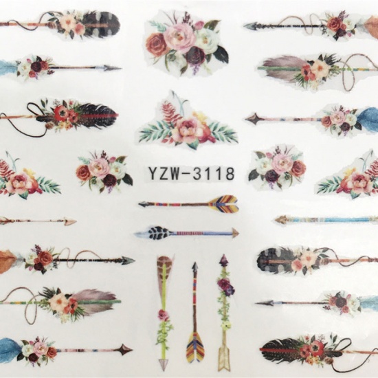 Picture of PVC Nail Art Stickers Decoration Arrow Flower Multicolor 6cm x 5cm, 1 Sheet