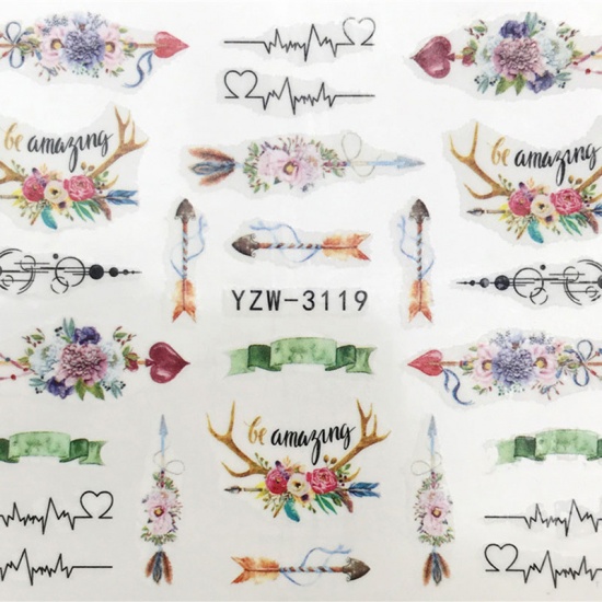 Picture of PVC Nail Art Stickers Decoration Heartbeat/ Electrocardiogram Flower Multicolor 6cm x 5cm, 1 Sheet