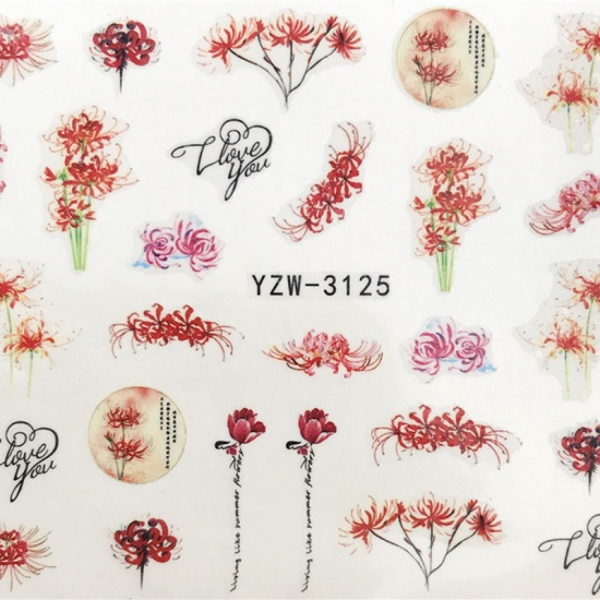 Picture of PVC Nail Art Stickers Decoration Lycoris Radiata/ Spider Lily Flower Red 6cm x 5cm, 1 Sheet