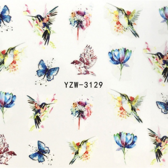 Picture of PVC Nail Art Stickers Decoration Butterfly Animal Flower Multicolor 6cm x 5cm, 1 Sheet