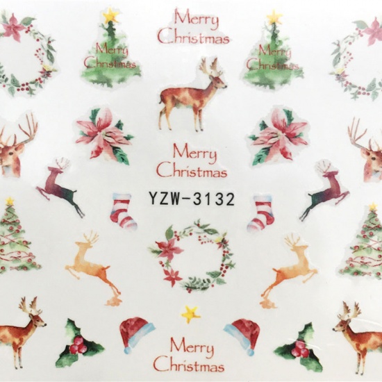 Picture of PVC Nail Art Stickers Decoration Christmas Tree Christmas Reindeer Multicolor 6cm x 5cm, 1 Sheet