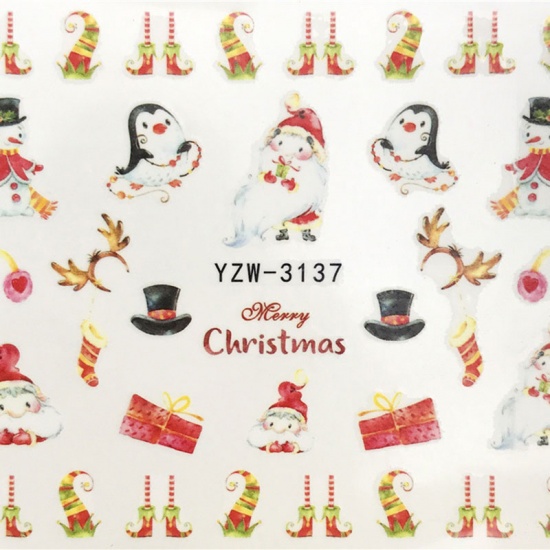 Picture of PVC Nail Art Stickers Decoration Christmas Santa Claus Penguin Multicolor 6cm x 5cm, 1 Sheet