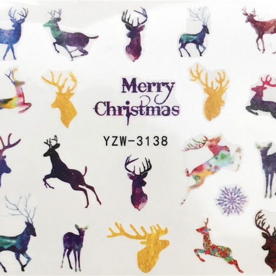 Picture of PVC Nail Art Stickers Decoration Christmas Reindeer Multicolor 6cm x 5cm, 1 Sheet