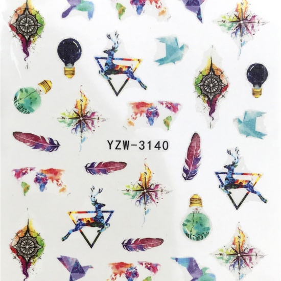 Picture of PVC Nail Art Stickers Decoration Compass Light Bulb Multicolor 6cm x 5cm, 1 Sheet