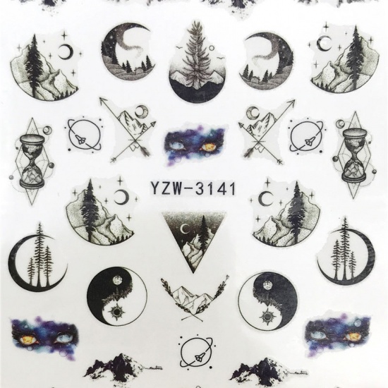 Picture of PVC Nail Art Stickers Decoration Yin Yang Eight Diagrams Moon Multicolor 6cm x 5cm, 1 Sheet