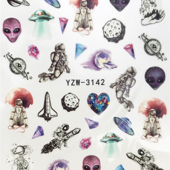 Picture of PVC Nail Art Stickers Decoration Flying Saucer Spaceman Multicolor 6cm x 5cm, 1 Sheet