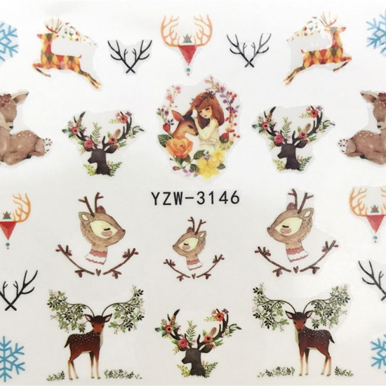 Picture of PVC Nail Art Stickers Decoration Christmas Reindeer Christmas Snowflake Multicolor 6cm x 5cm, 1 Sheet