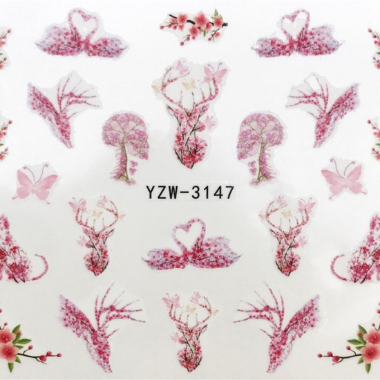 Immagine di PVC Adesivi per Unghie Cigno Fiore di Pesco Rosa 6cm x 5cm, 1 Foglio