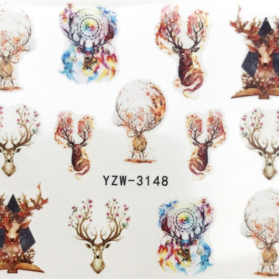 Picture of PVC Nail Art Stickers Decoration Deer Animal Flower Multicolor 6cm x 5cm, 1 Sheet