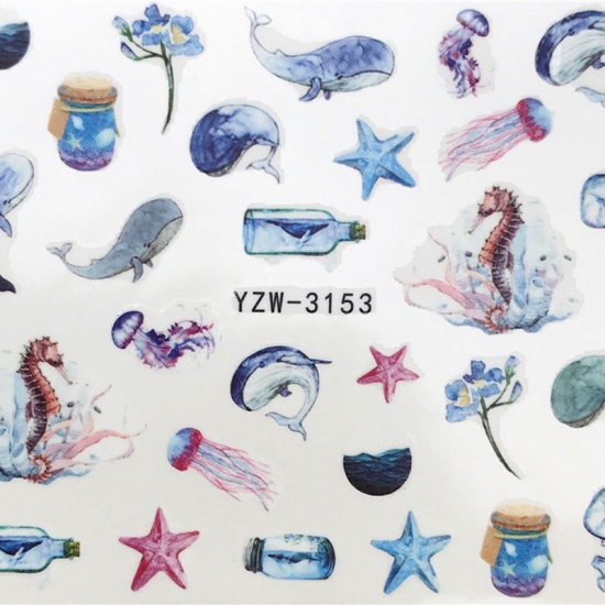 Picture of PVC Nail Art Stickers Decoration Seahorse Animal Star Fish Multicolor 6cm x 5cm, 1 Sheet