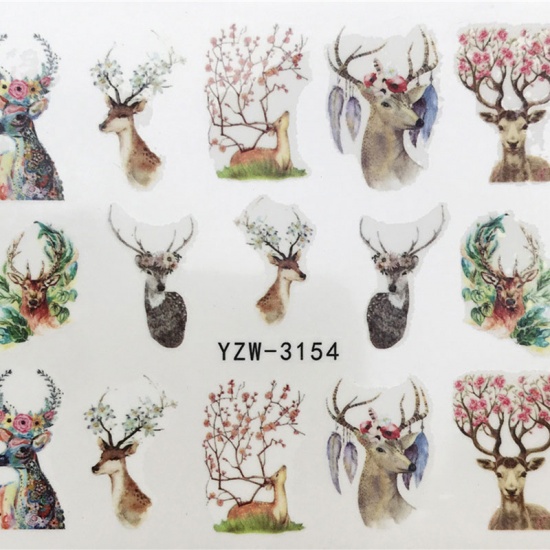 Picture of PVC Nail Art Stickers Decoration Deer Animal Flower Multicolor 6cm x 5cm, 1 Sheet