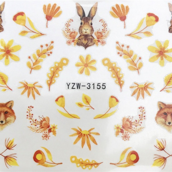 Picture of PVC Nail Art Stickers Decoration Fox Animal Rabbit Brown Yellow 6cm x 5cm, 1 Sheet