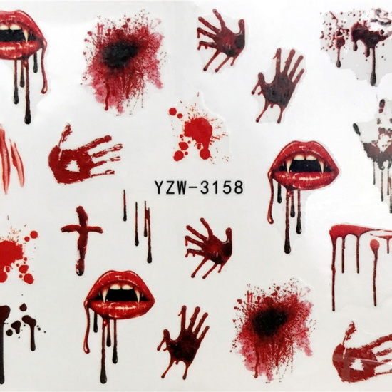 Picture of PVC Nail Art Stickers Decoration Mouth Handprint Red 6cm x 5cm, 1 Sheet