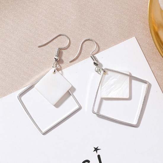 Picture of Earrings Silver Tone White Rhombus 55mm x 25mm, 1 Pair