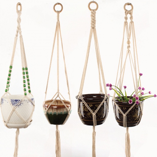 Image de Corde de coton Flowerpot Net Bag Décoration à suspendre Blanc crème 1 pièce