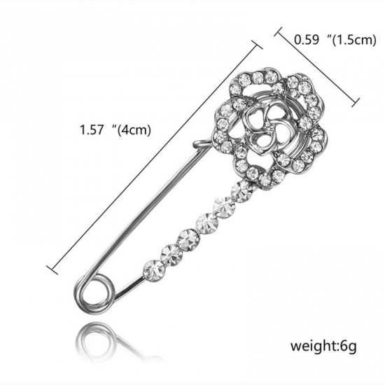 Picture of Pin Brooches Flower Silver Tone Clear Rhinestone 4cm x 1.5cm, 1 Piece