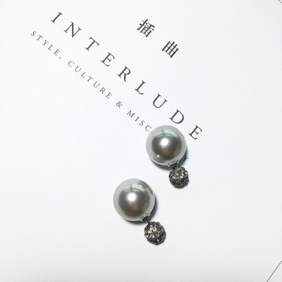 Picture of Double Sided Ear Post Stud Earrings Gray Ball Imitation Pearl 1 Pair