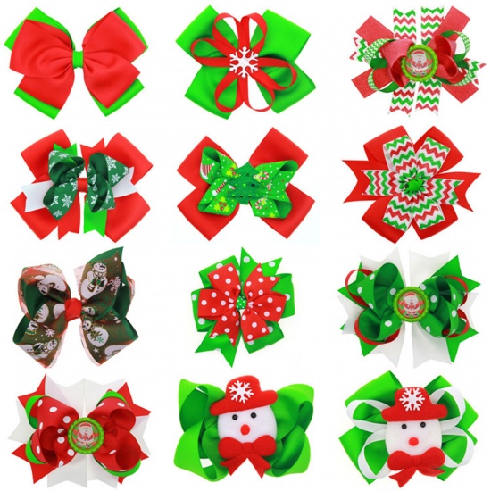 Picture of Christmas Hair Clips Findings Red & Green Bowknot 15cm x 12cm, 1 Piece