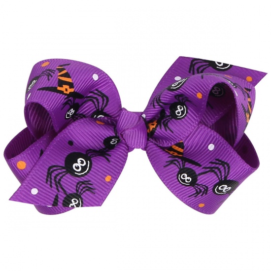 Picture of Halloween Hair Clips Findings Purple Bowknot Halloween Spider 8cm x 4cm, 1 Piece