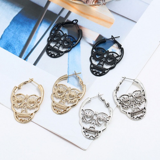 Picture of Halloween Hoop Earrings Silver Tone Skeleton Skull Mask 3.5cm, 1 Pair