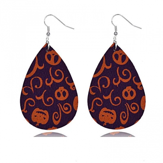 Picture of PU Leather Halloween Earrings Silver Color Purple Drop 7.7cm x 3.5cm, 1 Pair