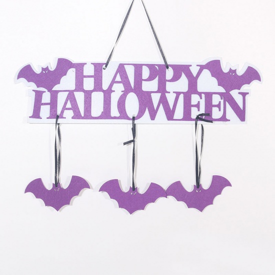 Picture of Hanging Decoration Halloween Supplies Purple Halloween Bat Animal Message " Happy Halloween " 35cm x 23cm, 1 Piece