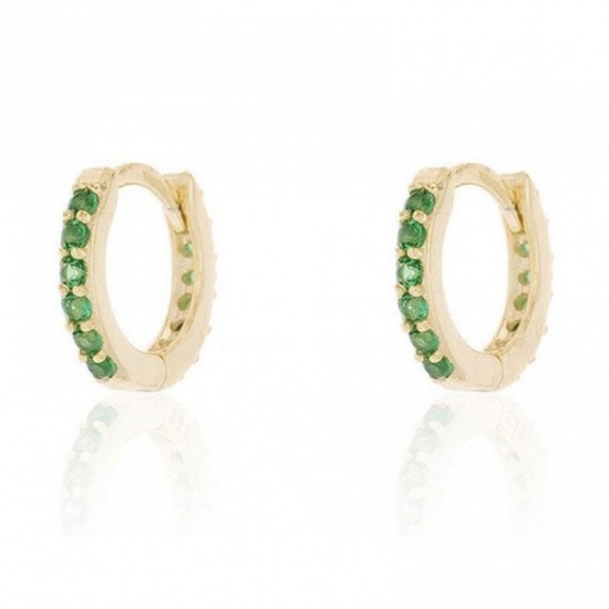 Picture of Hoop Earrings Gold Plated Circle Ring Green Rhinestone 10mm Dia, 1 Pair