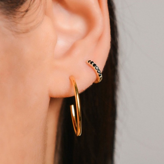 Picture of Hoop Earrings Gold Plated Circle Ring Black Rhinestone 10mm Dia, 1 Pair