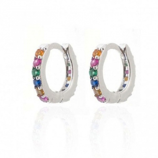 Picture of Hoop Earrings Silver Tone Circle Ring Multicolor Rhinestone 10mm Dia, 1 Pair