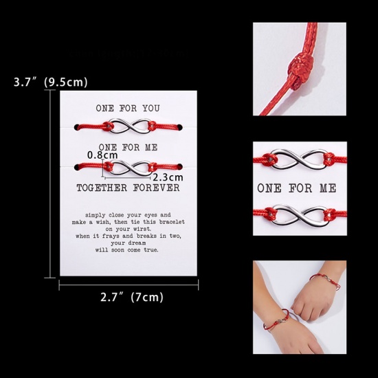 Изображение Набор браслетов Серебряный Тон Черный & Красный Символ бесконечности Регулируемый 30см длина, 1 Комплект ( 2 ШТ/Комплект)