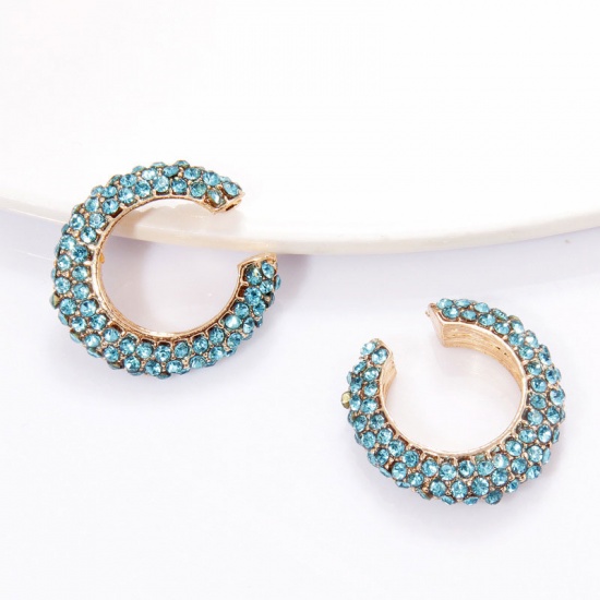Picture of Ear Cuffs Clip Wrap Earrings Gold Plated C Shape Blue Rhinestone 18mm x 17mm, 1 Piece