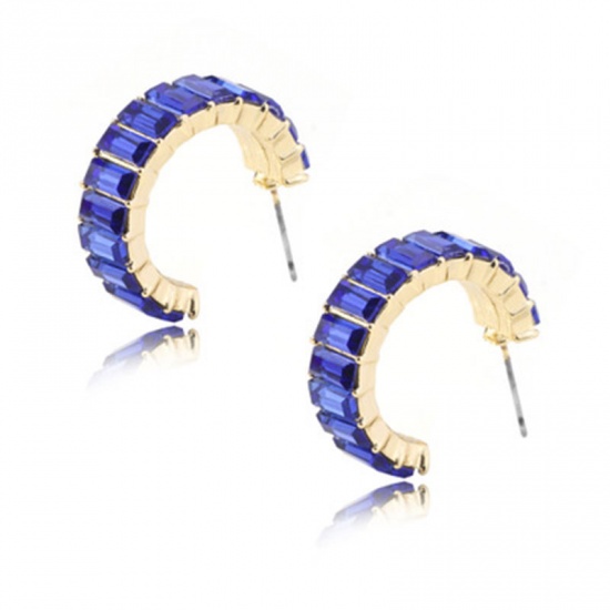 Picture of Hoop Earrings Gold Plated C Shape Royal Blue Rhinestone 25mm x 25mm, 1 Pair