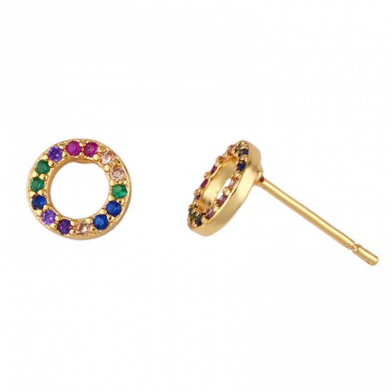 Picture of Brass Rainbow Ear Post Stud Earrings Gold Plated Circle Ring Multicolour Cubic Zirconia 7mm Dia., 1 Pair                                                                                                                                                      