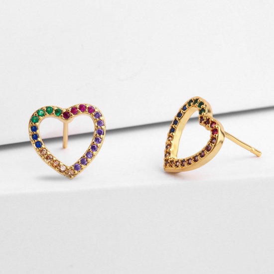 Picture of Copper Rainbow Ear Post Stud Earrings Gold Plated Heart Hollow Multicolour Cubic Zirconia 11mm x 11mm, 1 Pair